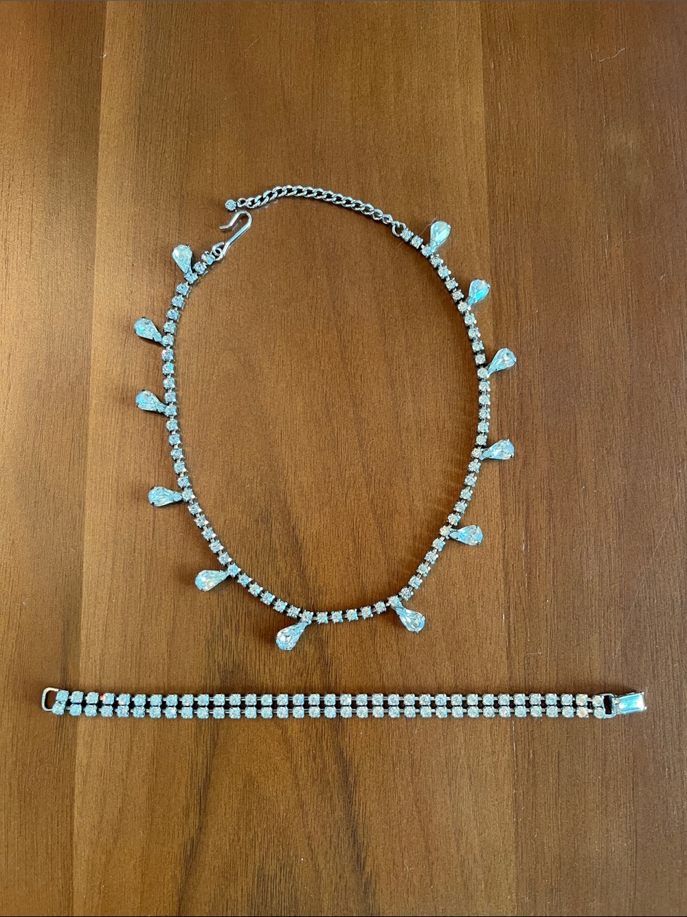 Silver Crystal Teardrop Choker and Bracelet Set